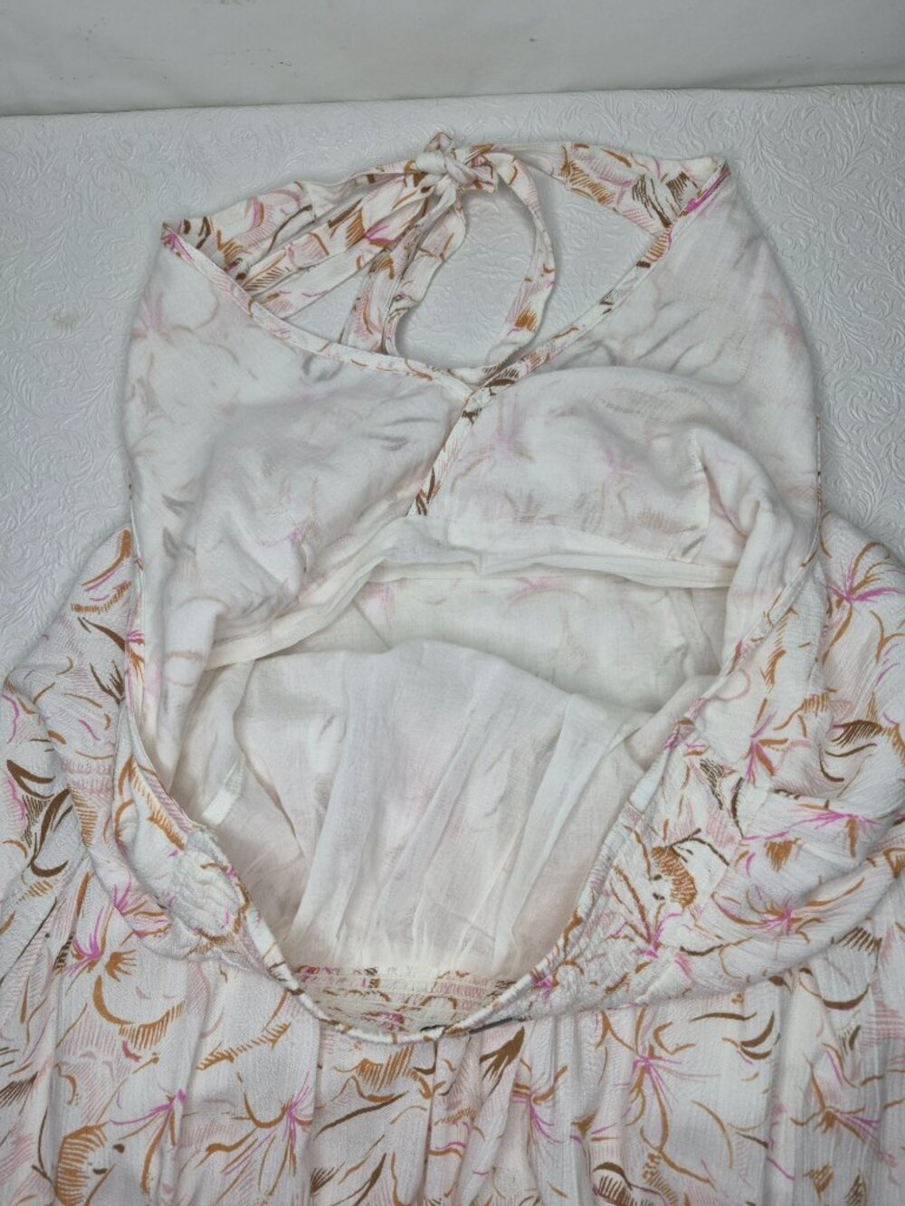 O'Neill Floral Womens L Lined Backless V-Neck Maxi Halter Dress Ivory Pink Brown - Picture 10 of 15